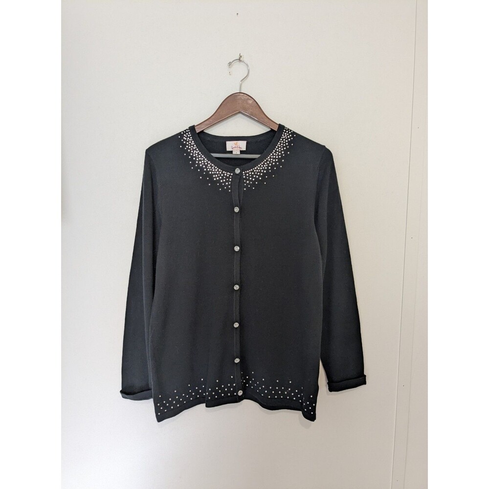 Quacker Factory Cardigan Sweater S Cotton Bl Black Sparkle Rhinestone Crew Neck